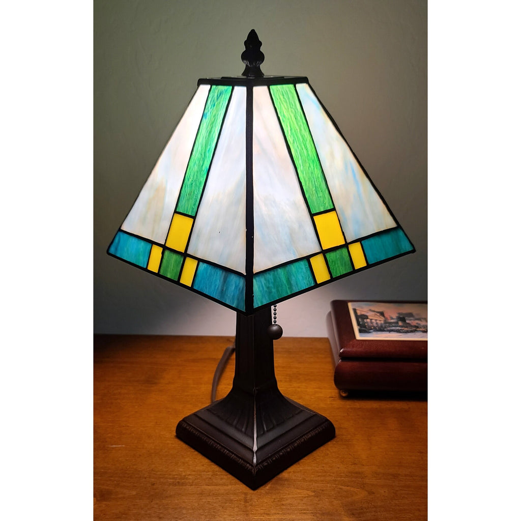 Tiffany-style Banker Lamp with Blue/Green/Yellow Stained Glass V97296