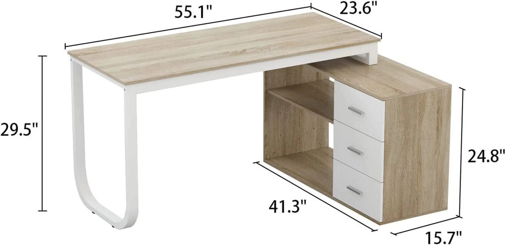 55 Inch L-Shaped Corner Desk with 3 Drawers and 2 Shelves, Walnut and White H67407