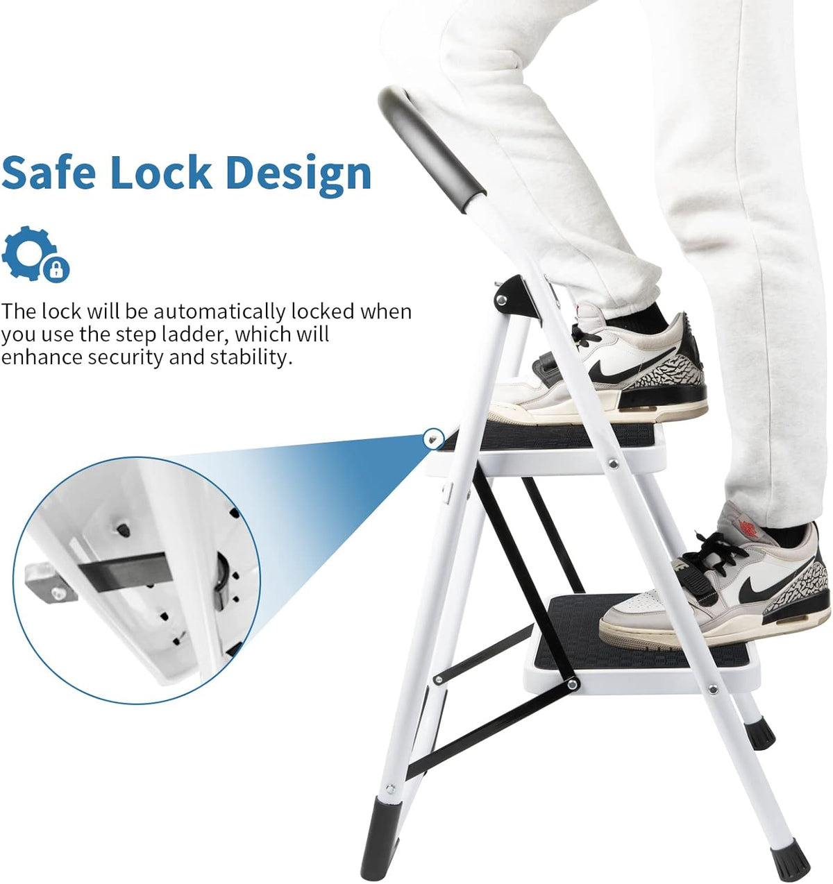 2 Step Folding Ladder with Arc-Shaped Handrail Metal Anti-Slip Base Wide Pedal Lightweight Ladder Pack of 2 U869