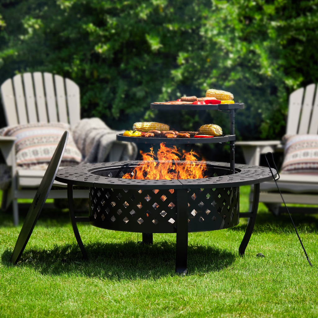 42-inch Metal Fire Pit with 2 Grills and Lid X6005