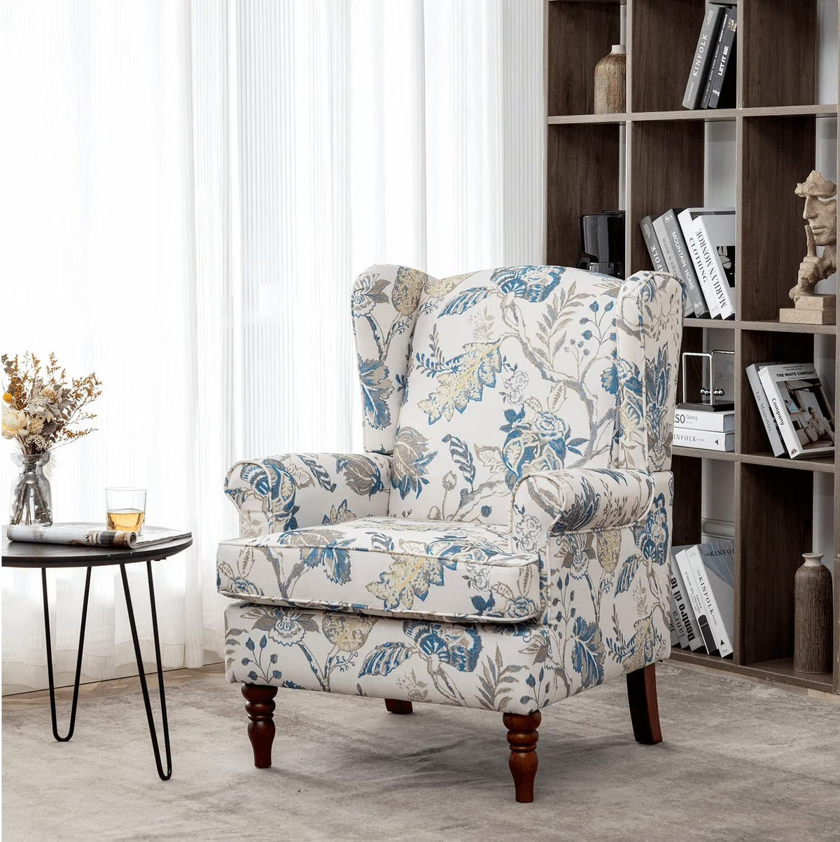 Blue Floral Print Upholstered Armchair W638
