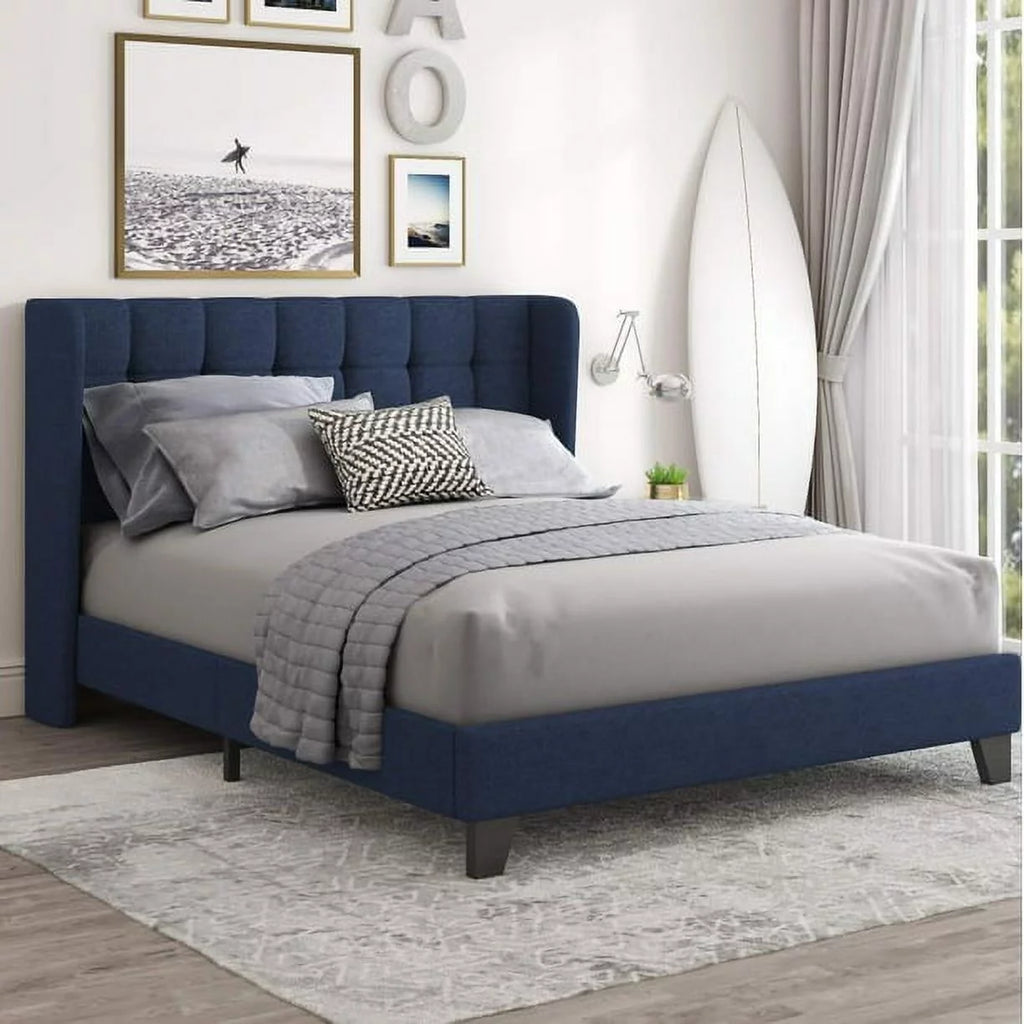 Queen Platform Bed Frame with Upholstered Wingback Linen Fabric Headboard I87493