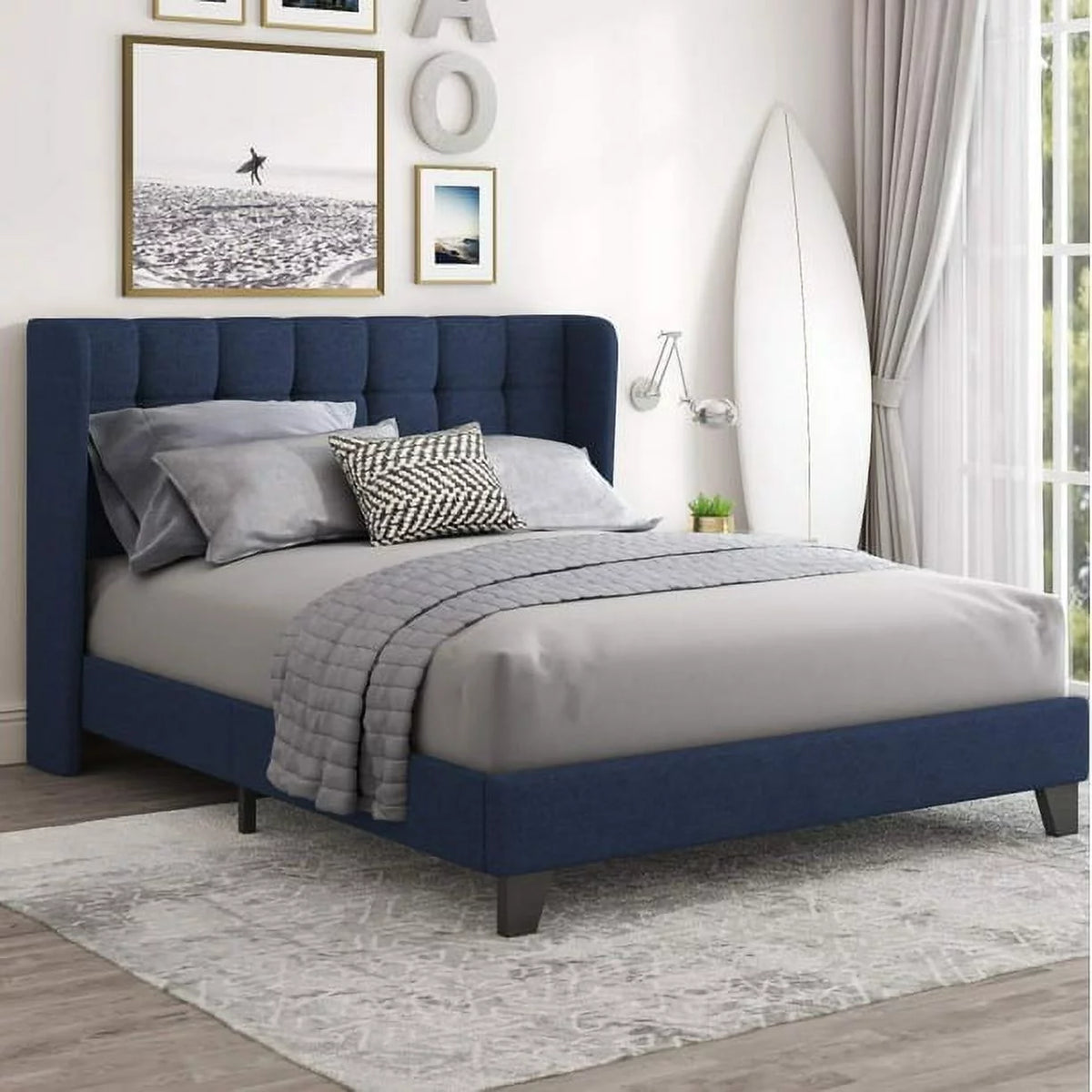 Queen Platform Bed Frame with Upholstered Wingback Linen Fabric Headboard I87493