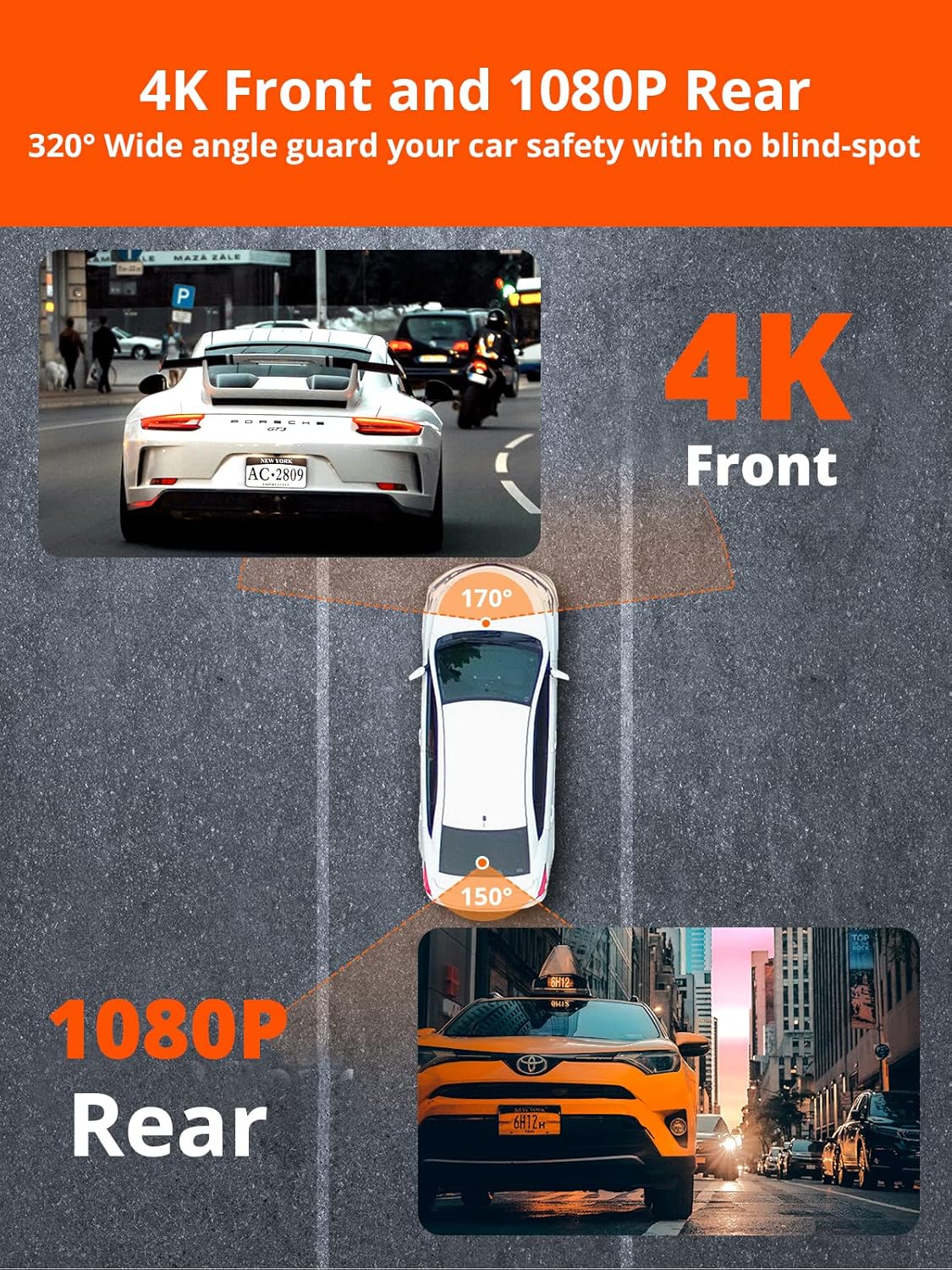 4K Front and Rear Dual Dash Cam with WiFi, Night Vision, Black F472728