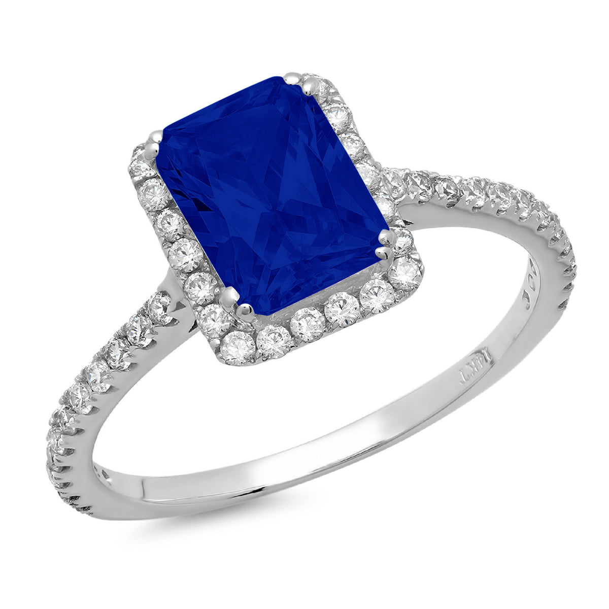 18k White Gold Emerald Cut Blue Halo Ring Size 3.5 X53410