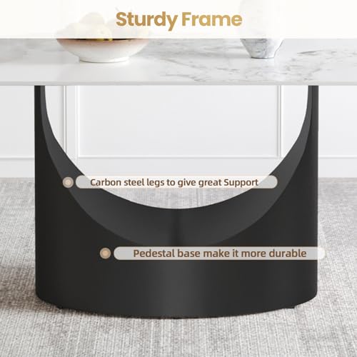 63" White Marble Sintered Stone Top Rectangle Dining Table with Black Carbon Steel Pedestal A201