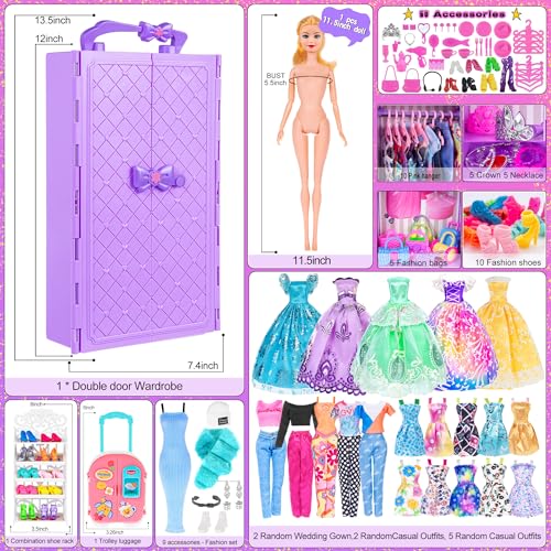 105 Pcs Doll and Closet Playset Wardrobe Set Including One Doll Wardrobe Shoes Rack Dress Shoes Hangers Necklace C57725