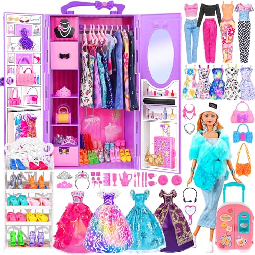 105 Pcs Doll and Closet Playset Wardrobe Set Including One Doll Wardrobe Shoes Rack Dress Shoes Hangers Necklace C57725