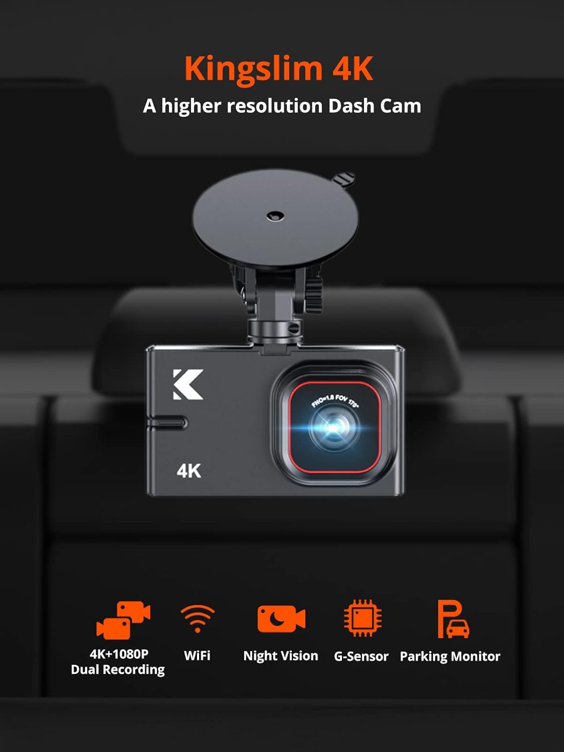4K Front and Rear Dual Dash Cam with WiFi, Night Vision, Black F472728