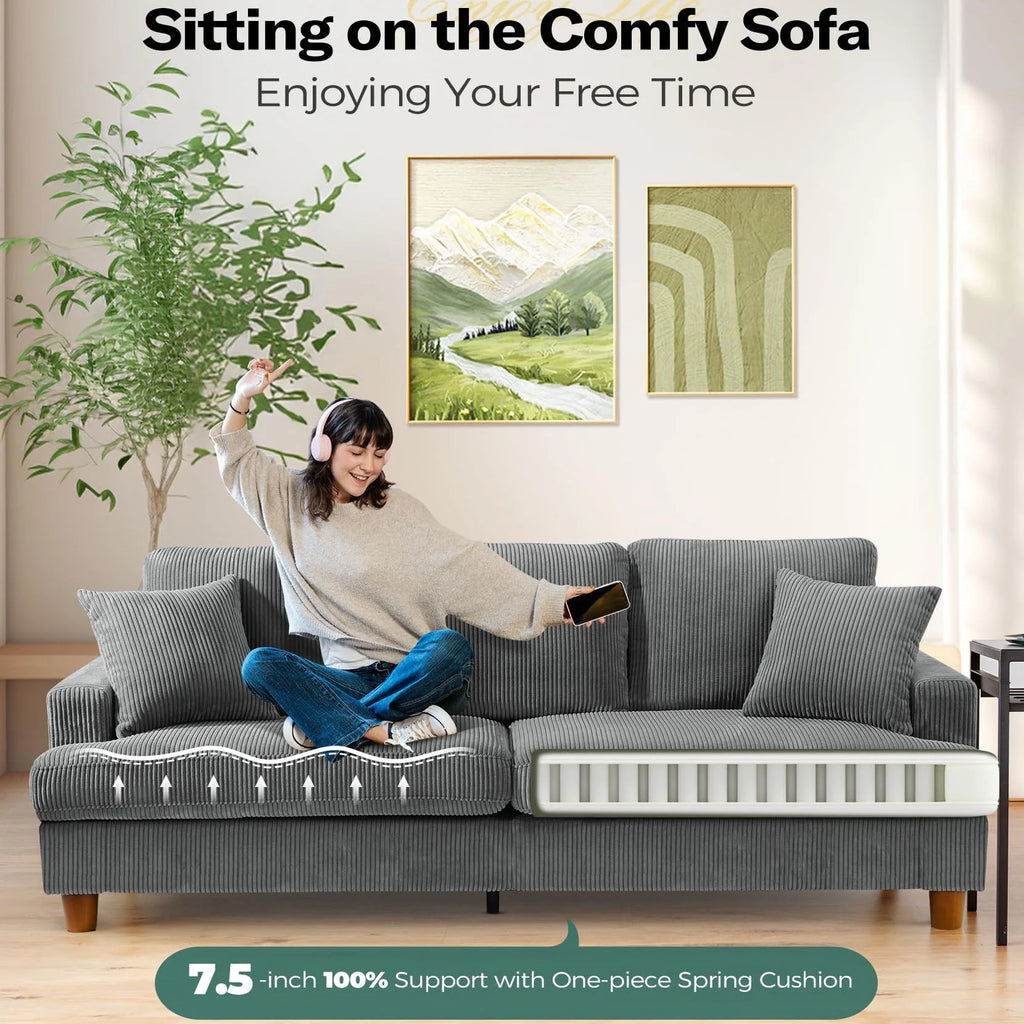 Gray Corduroy 3 Seater Sofa with 2 Pillows W809983