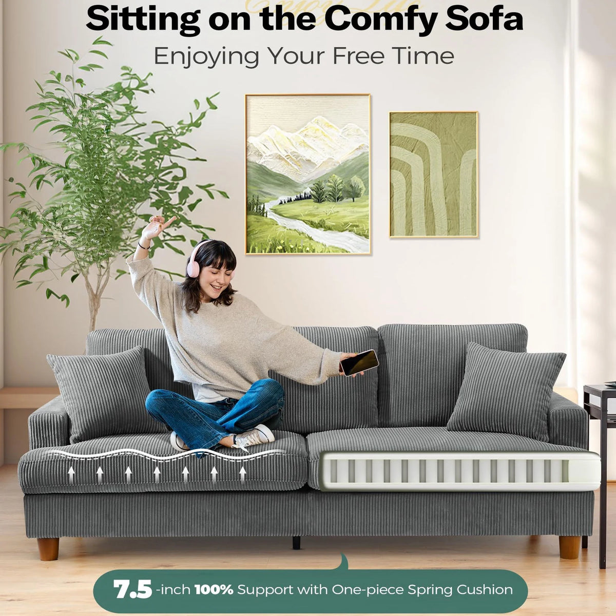 Gray Corduroy 3 Seater Sofa with 2 Pillows W809983