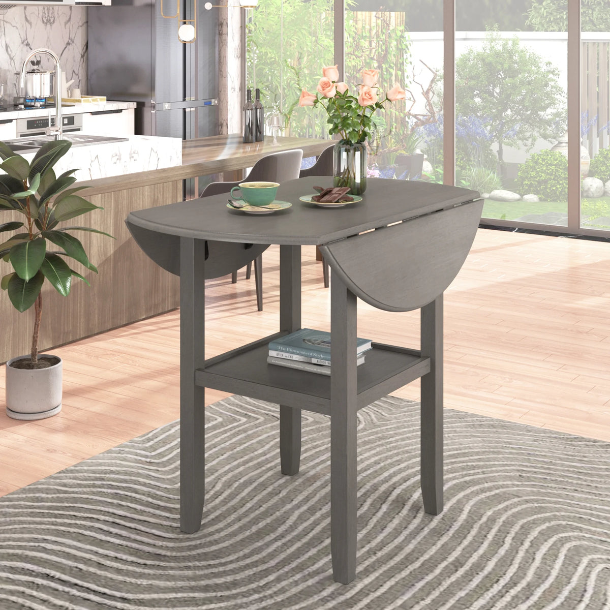 Round Drop Leaf Kitchen Dining Table with Shelf X67739