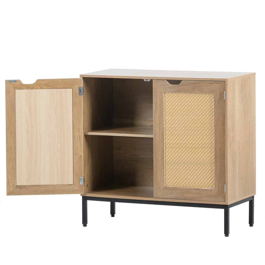 Set of 2 Natural Wood Storage Cabinet with 2 Rattan Doors X825863