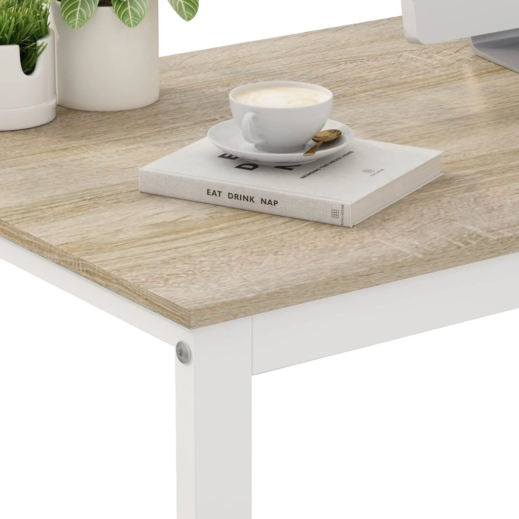 55 Inch L-Shaped Corner Desk with 3 Drawers and 2 Shelves, Walnut and White H67407