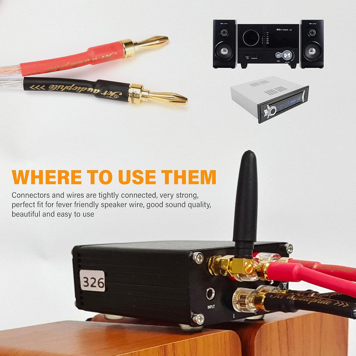 1 Pair 13AWG Oxygen-Free Copper Speaker Cables with Banana Plug Tips T354747