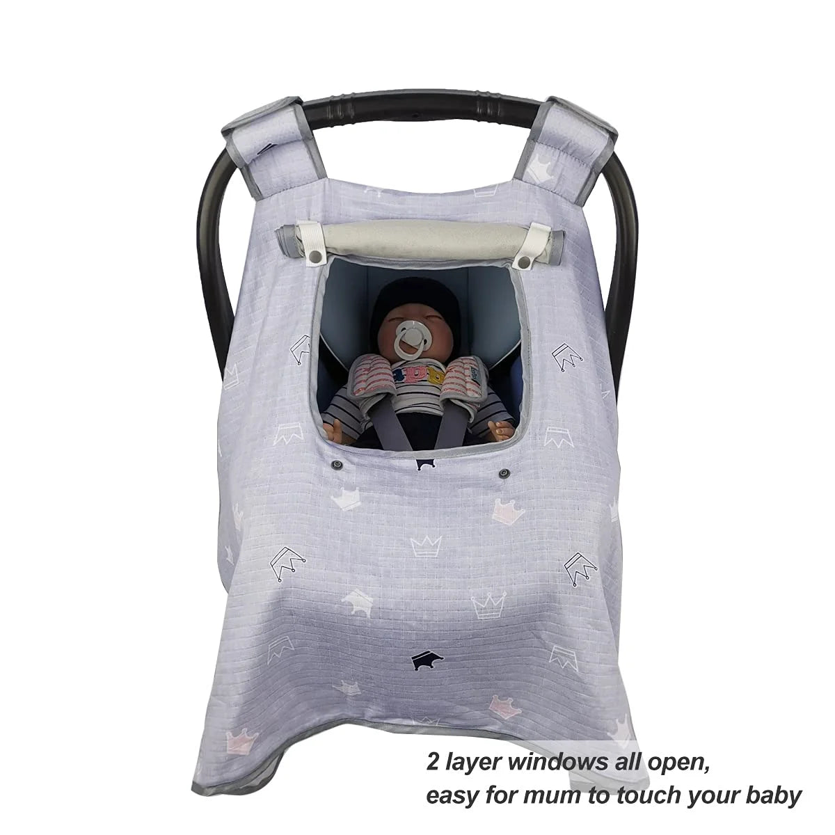 Grey Muslin Car Seat Canopy with Window X83234