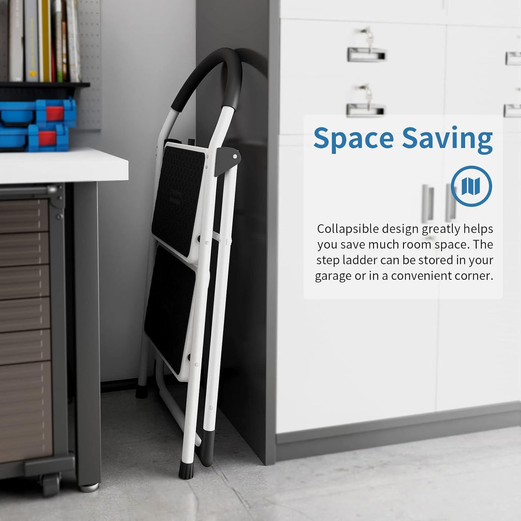 2 Step Folding Ladder with Arc-Shaped Handrail Metal Anti-Slip Base Wide Pedal Lightweight Ladder Pack of 2 U869