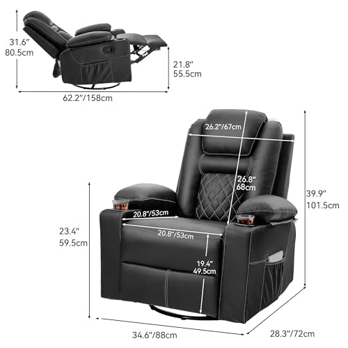 Black Faux Leather Swivel Rocker Recliner Chair with Massage & Heat D393673