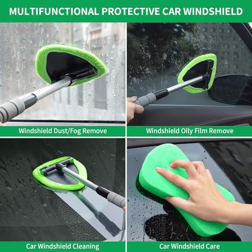 Portable Windshield Cleaner Tool with Extendable Handle and 4 Microfiber Towel Pads K46944