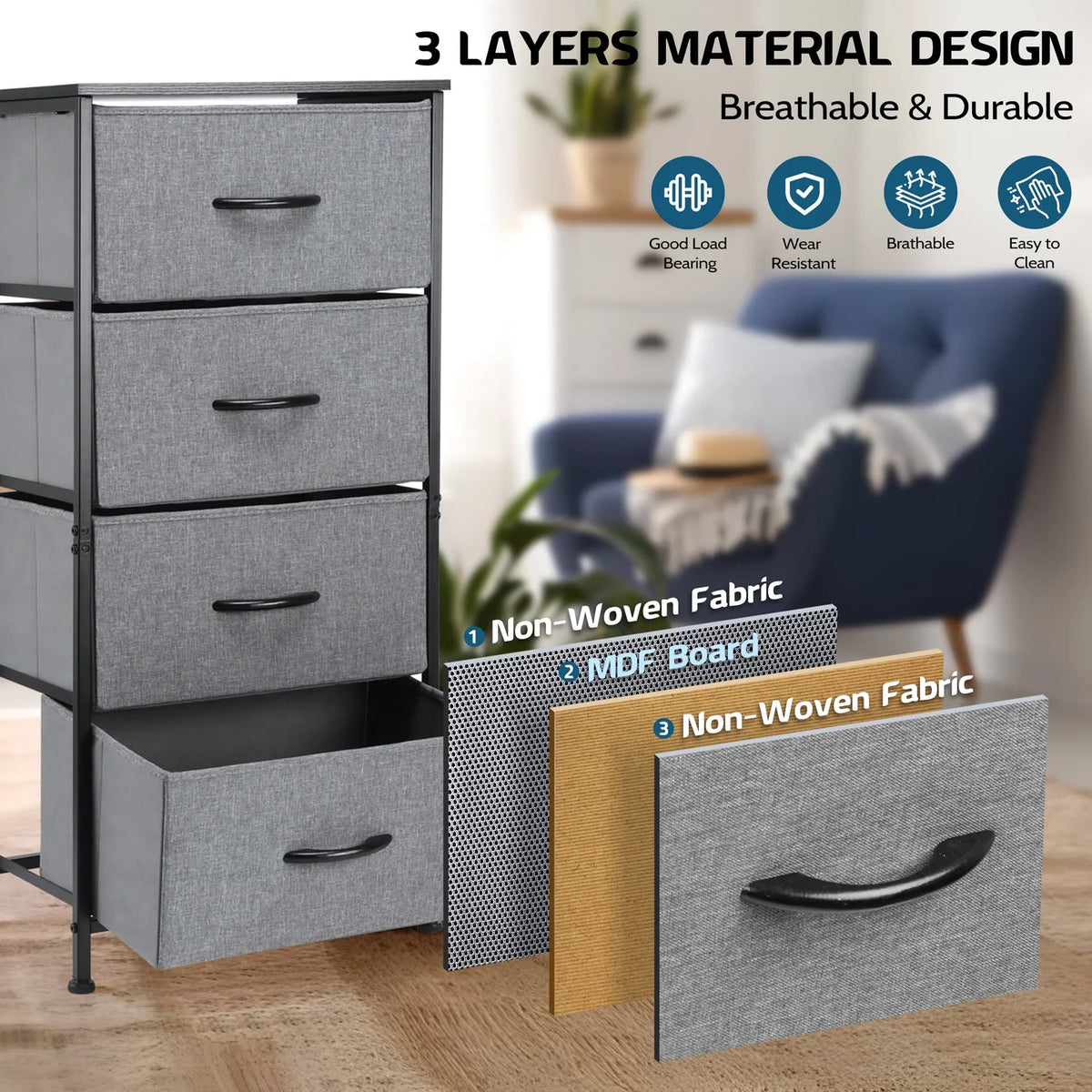 4 Drawer Fabric Dresser with Wood Top D772018