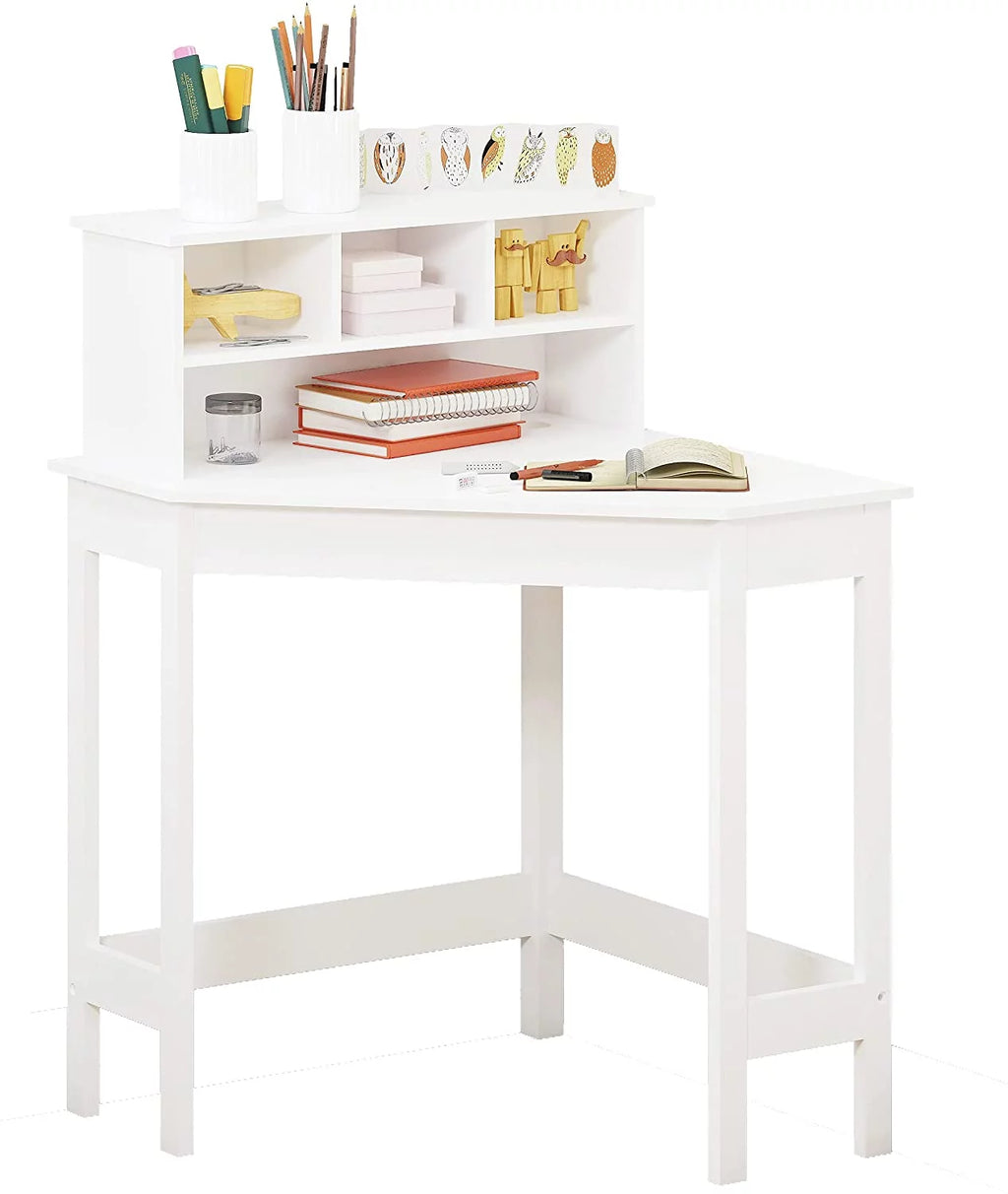 White Wooden Kids Desk with Chair and Storage E148
