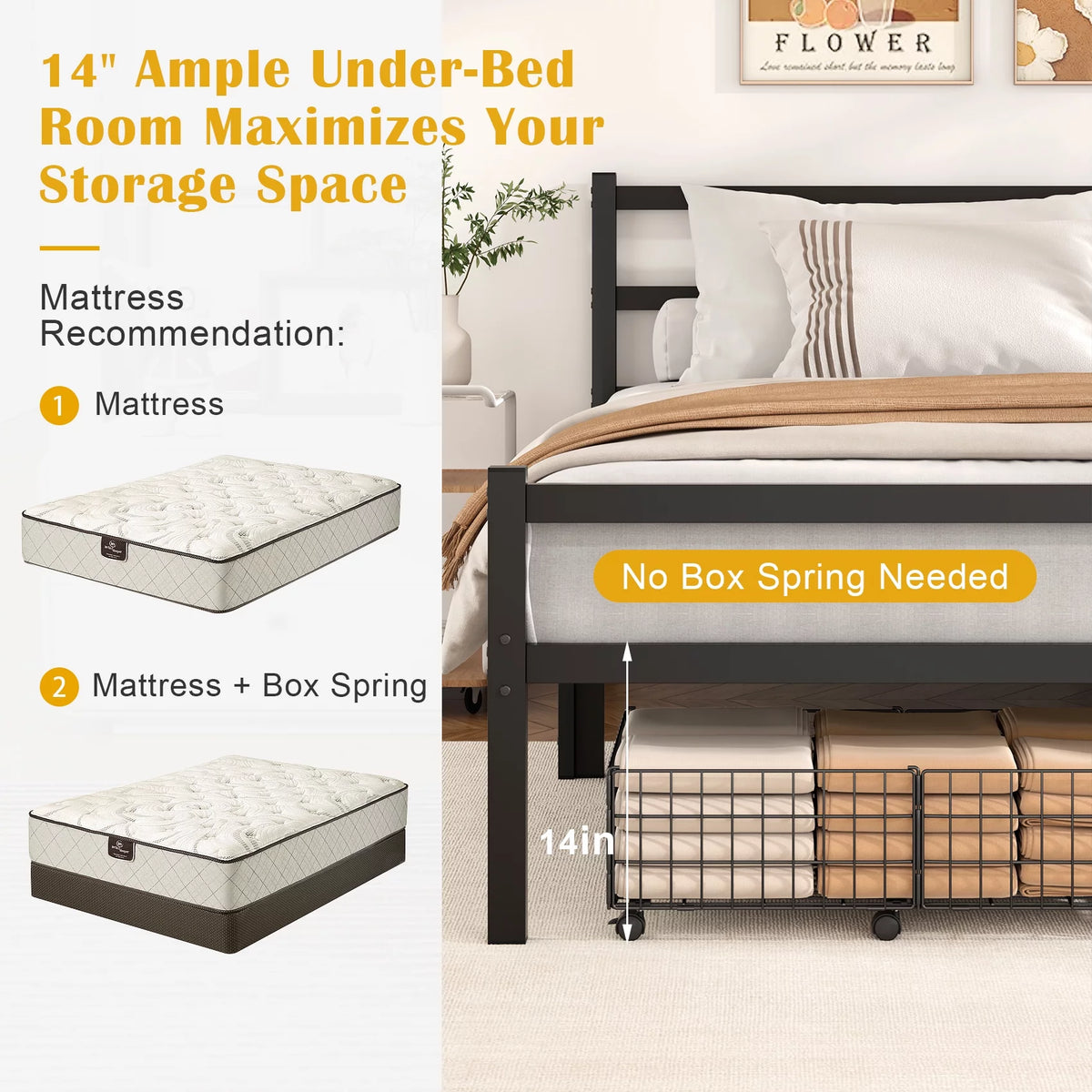 Queen Size Metal Platform Bed Frame with Headboard and Footboard A400