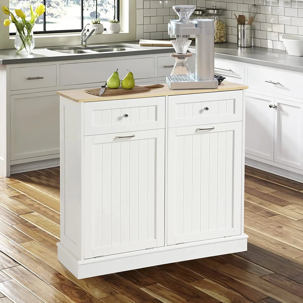 White Double Tilt Out Trash Cabinet with Drawer P633428