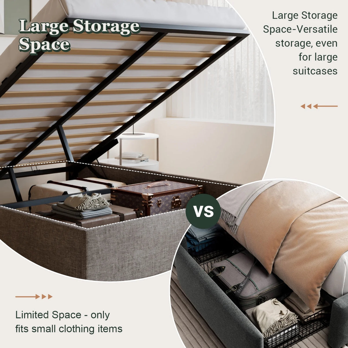 King Size Upholstered Lift up Storage Platform Bed Frame with Wingback Headboard, Beige N7860