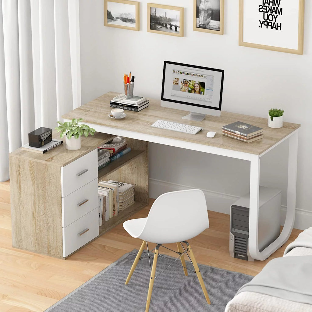 55 Inch L-Shaped Corner Desk with 3 Drawers and 2 Shelves, Walnut and White H67407