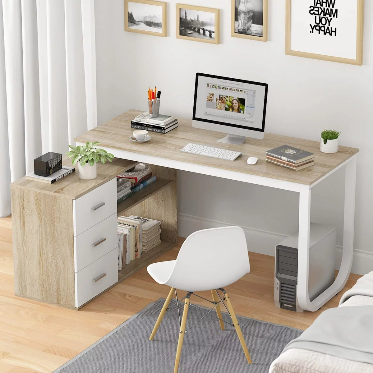 55 Inch L-Shaped Corner Desk with 3 Drawers and 2 Shelves, Walnut and White H67407