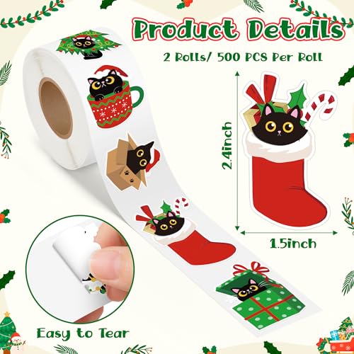Black Cat Sticker 1000Pcs 2 Rolls 16 Patterns Waterproof Self-Adhesive Decals Y224