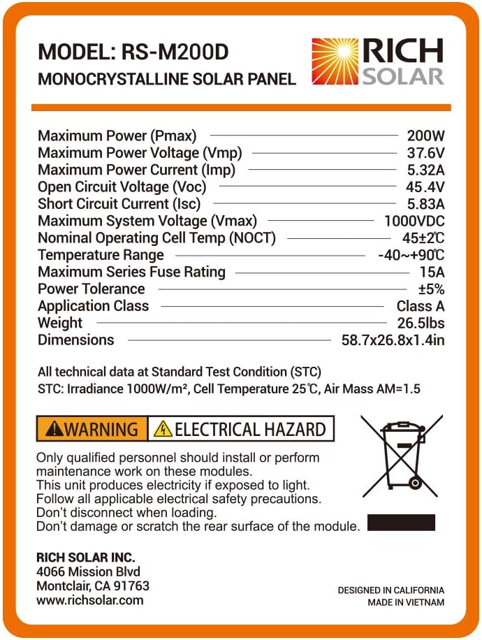 200 Watt 24 Volt Monocrystalline Solar Panel P401