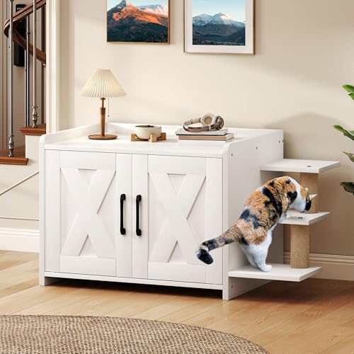 White Wooden Cat Litter Box Enclosure with Scratching Post T320360