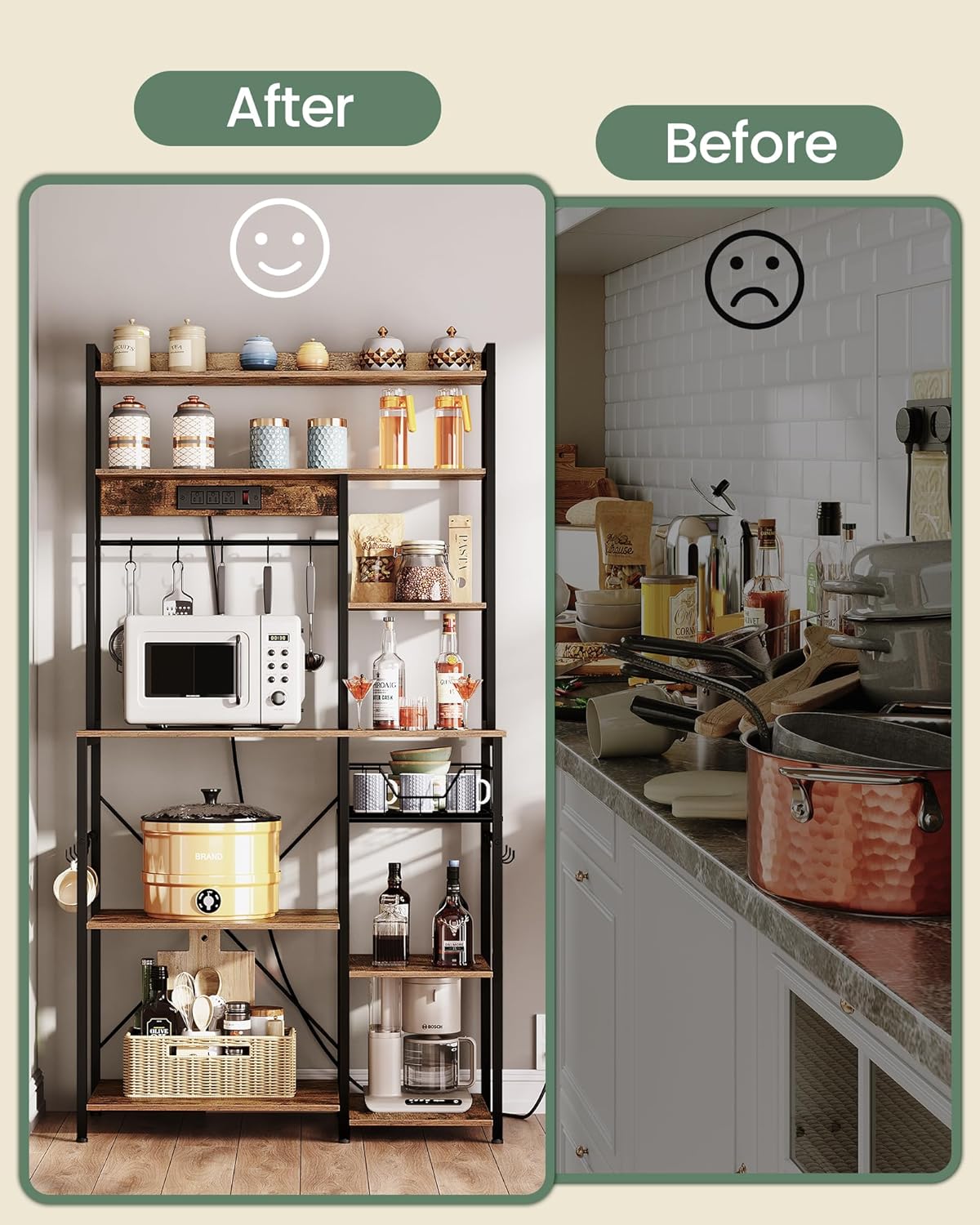 Rustic Brown and Black Floor Standing Bakers Rack with Power Outlet B69982