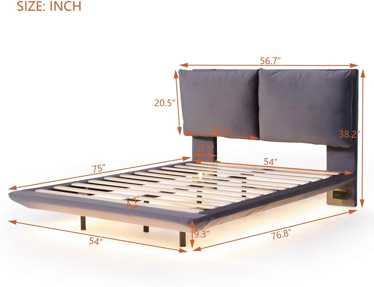 Gray Full Size Upholstered Platform Bed with USB Ports P8336