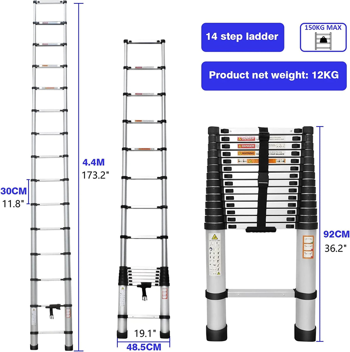 Telescoping Ladder 14FT Aluminum Portable Extendable Ladder, 330 Pound T363179