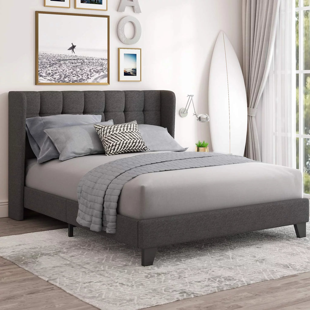 Queen Platform Bed Frame with Upholstered Wingback Linen Fabric Headboard I87493