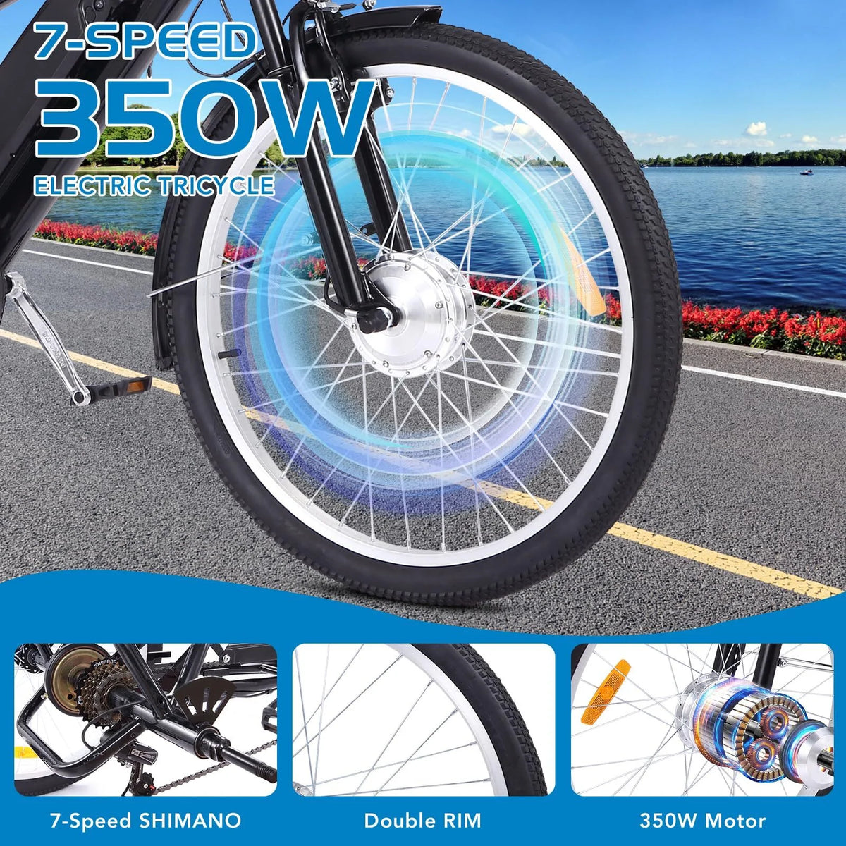 Electric Tricycle 7 Speeds 3 Wheels with Large Basket Orange F378