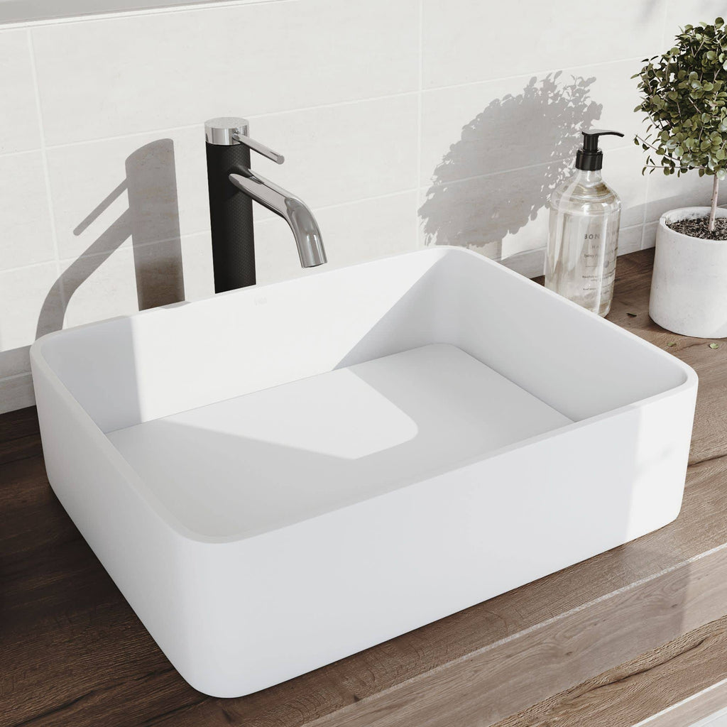 White Rectangular Vessel Bathroom Sink with Chrome Faucet and Pop-Up Drain C2620