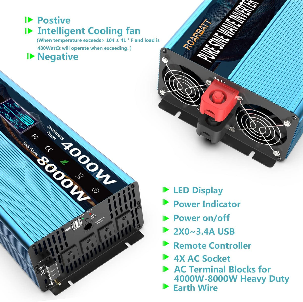 4000Watt 12V DC to AC 110V 120V Power Inverter with Remote Control 4 AC Outlets Dual USB Port G9683