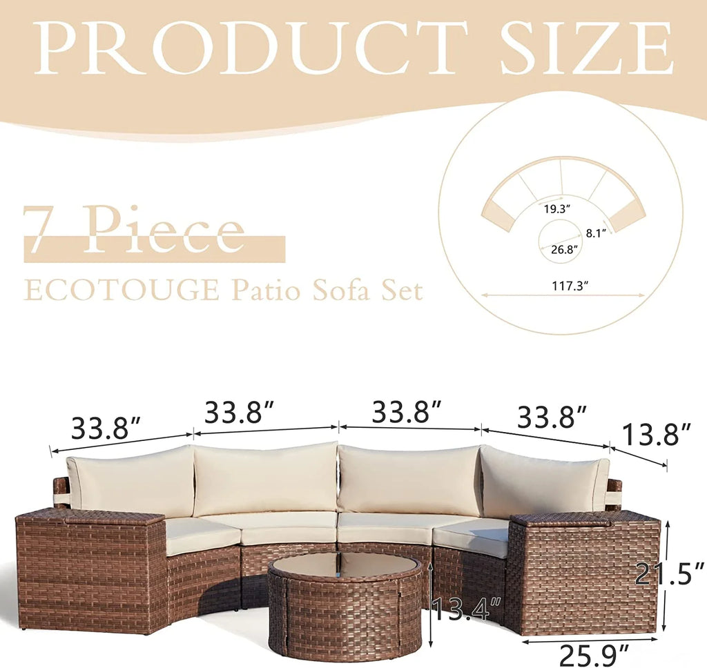 7 Piece Outdoor Patio Sectional Sofa Set with Storage Armrest R6798