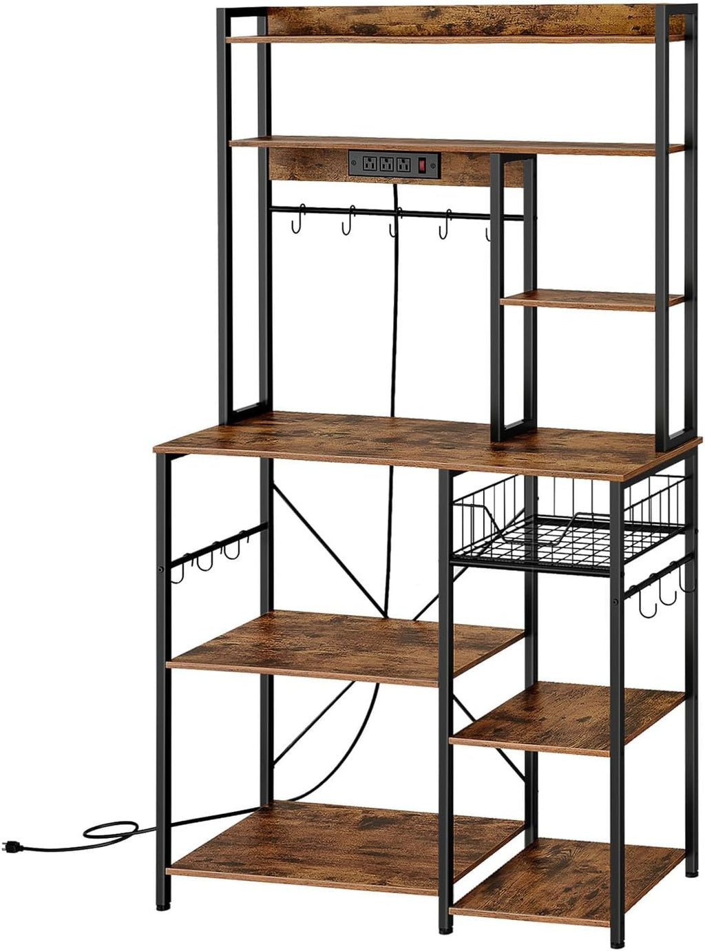 Rustic Brown and Black Floor Standing Bakers Rack with Power Outlet B69982