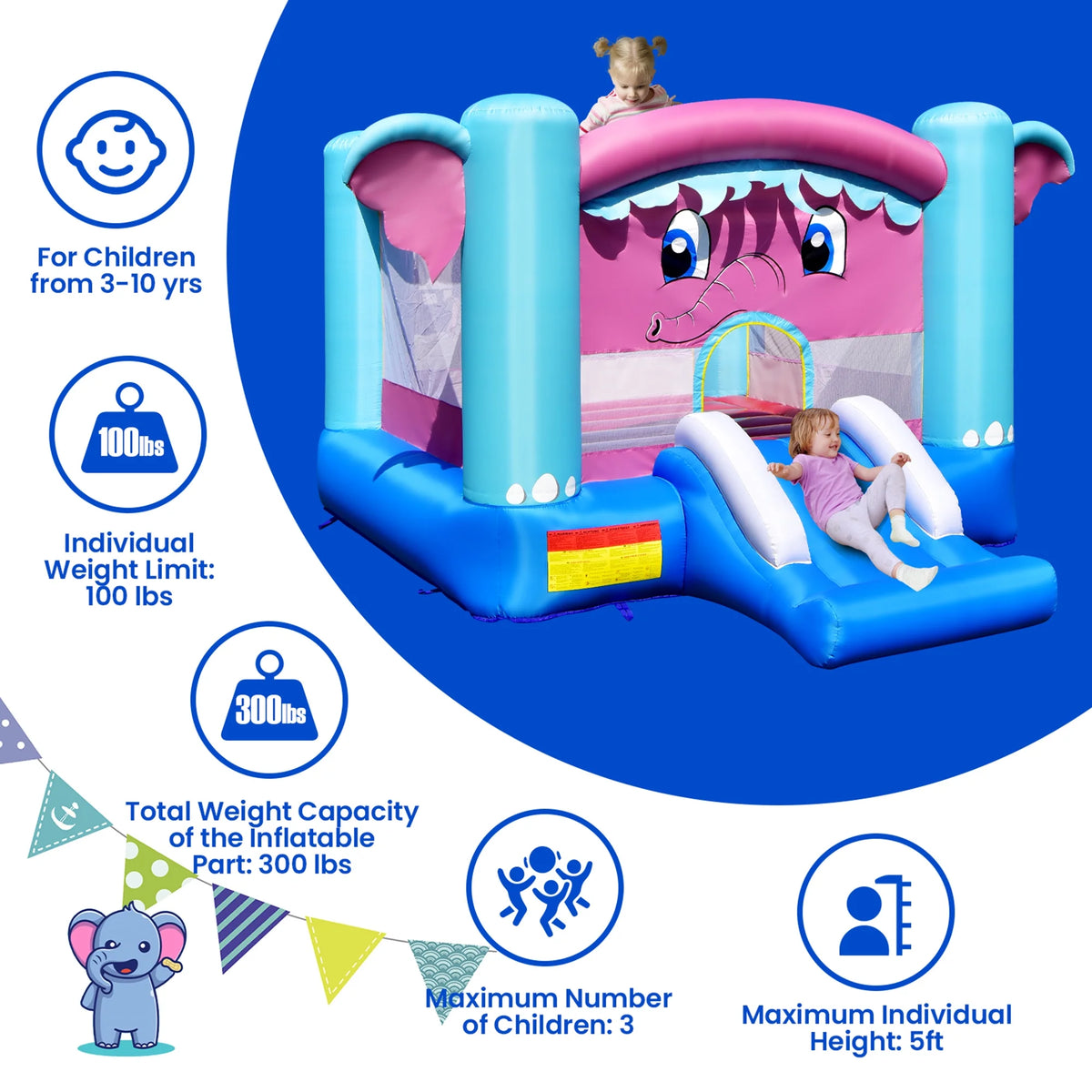 Inflatable Bounce House 3-in-1 Elephant Theme Castle with Blower W987742