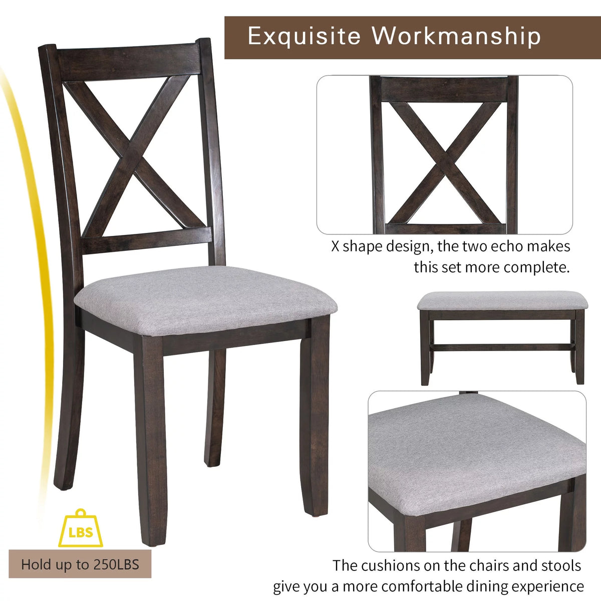 6 Pieces Wood Dining Table Set with Bench and 4 Cushioned Chairs D1648