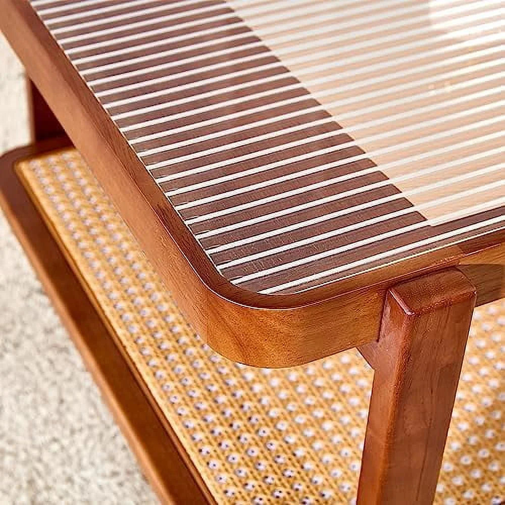 Modern Rattan Woven Glass Desktop Solid Wood Coffee Table S643
