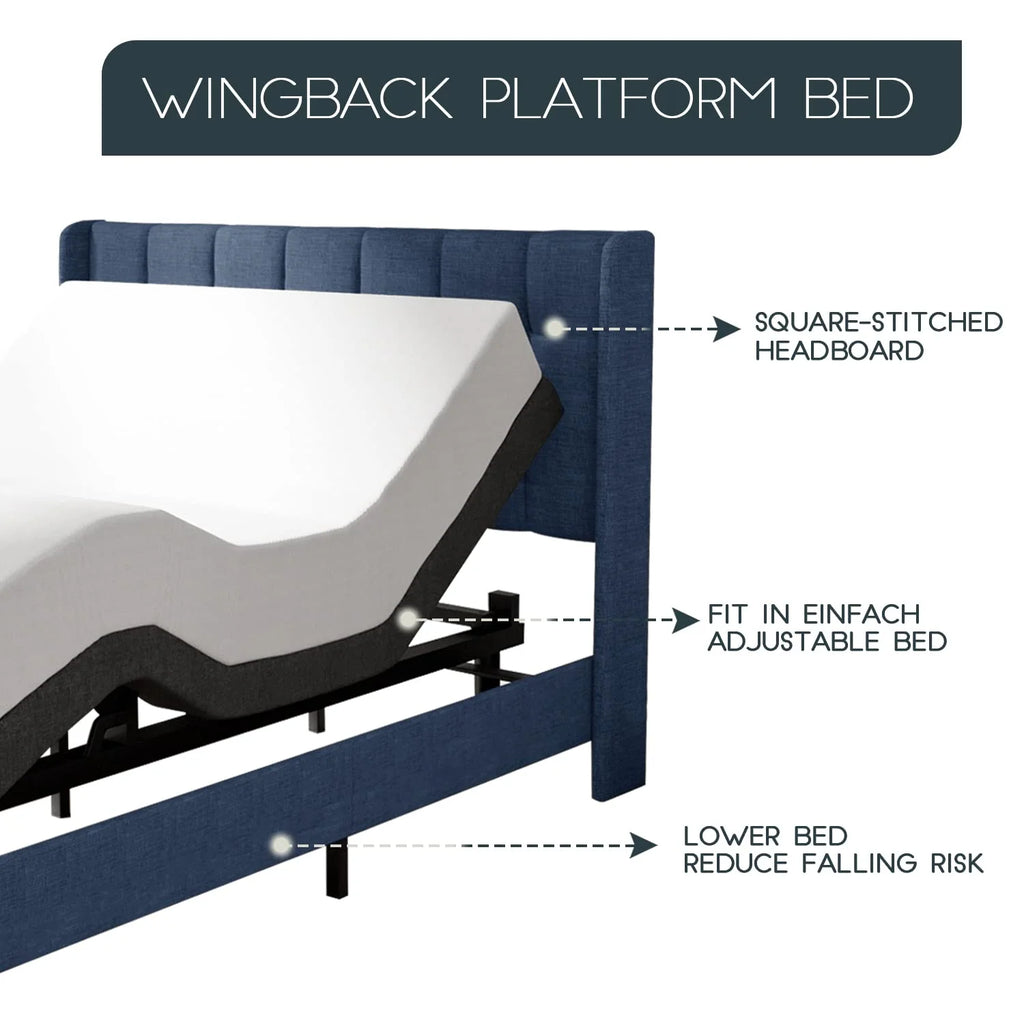 Queen Platform Bed Frame with Upholstered Wingback Linen Fabric Headboard I87493