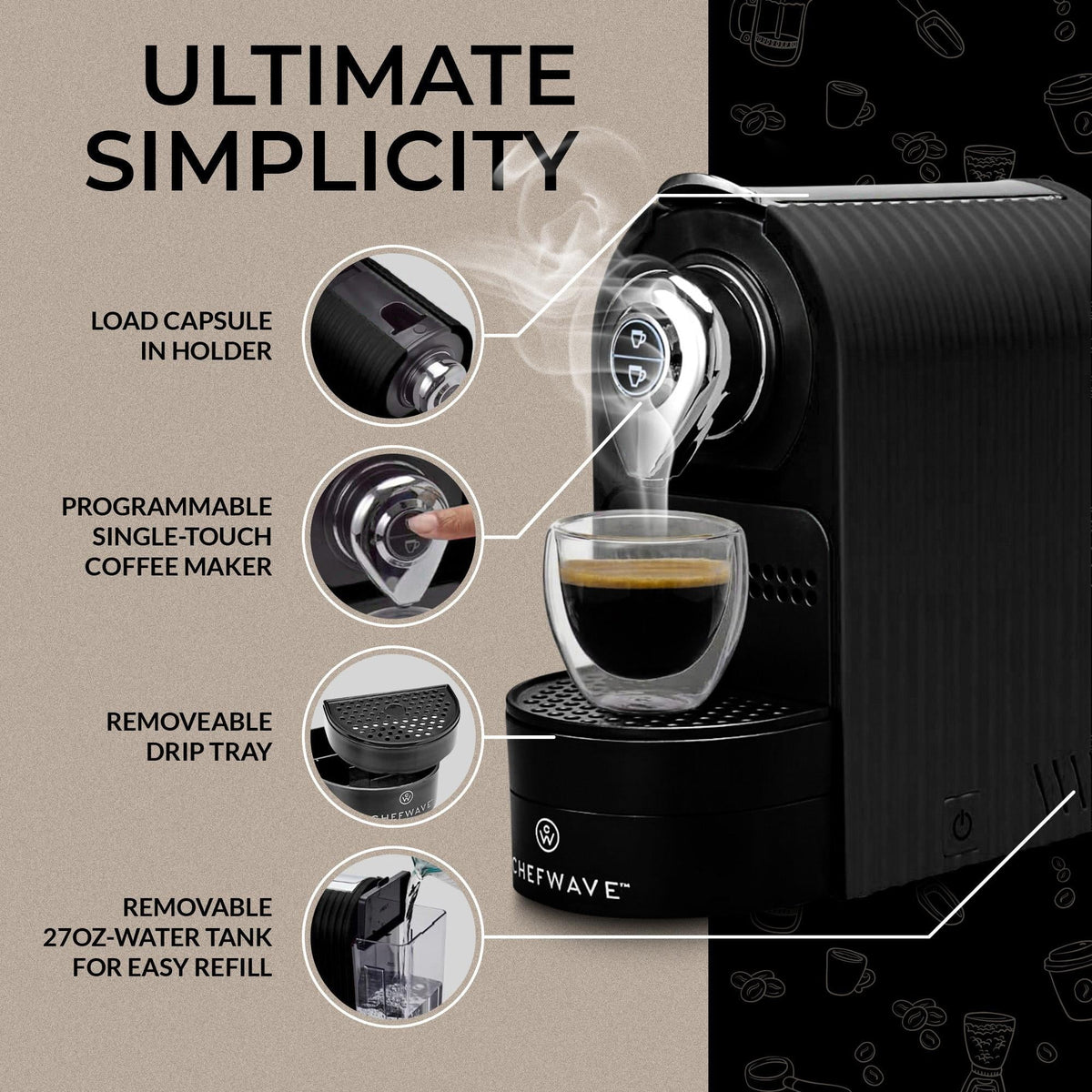 Black Espresso Machine for Nespresso Capsules with Holder and Cups B622