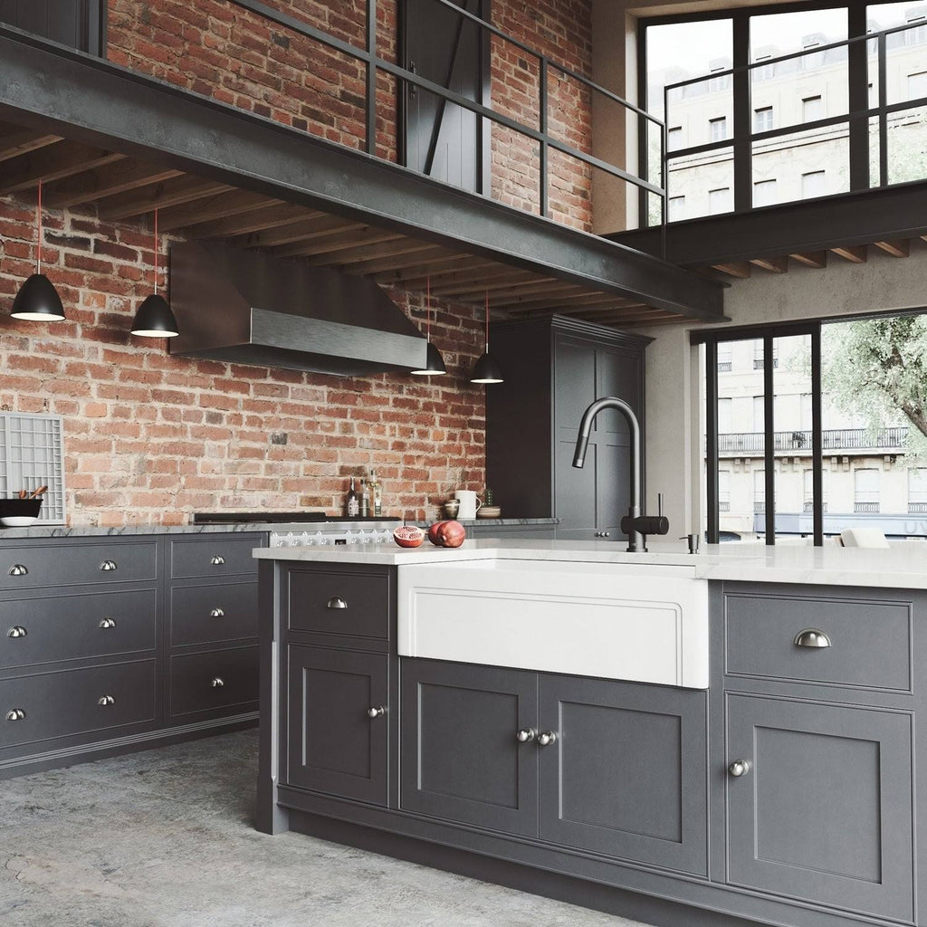 36 in. Matte Stone Farmhouse Kitchen Sink Set with Matte Black Faucet X830716