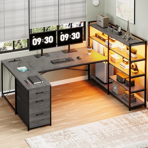 L Shaped Desk with Storage Shelves and 3 Fabric Drawers W840124