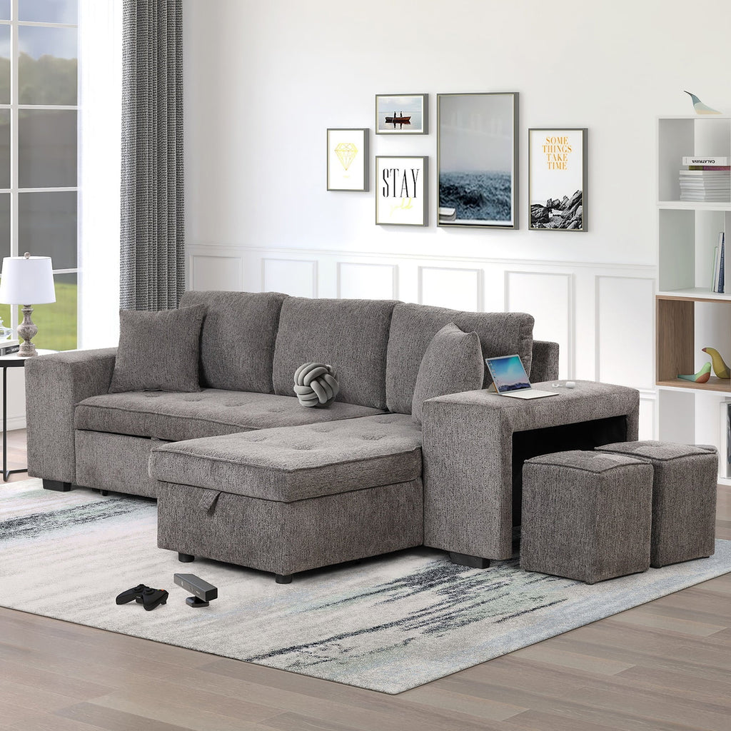104" Reversible Sectional Couch with Pull Out Bed, L Shape Sleeper Sofa with Storage Chaise and 2 Stools H802746